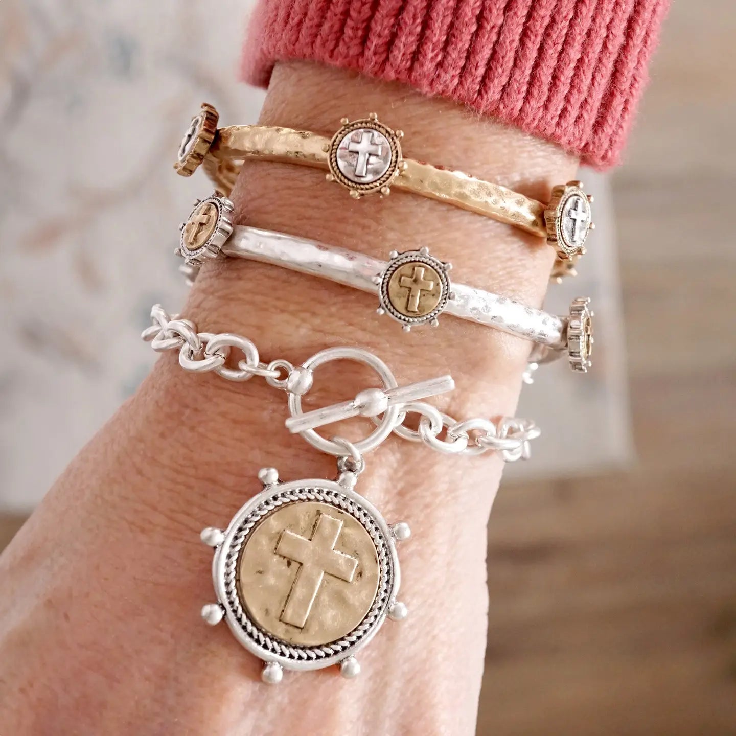 Silver Chain Necklace with Two-Tone Coin Cross Pendant & Toggle Closure