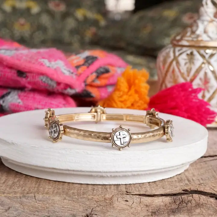 Two-Tone/Mixed Metal Cross Coin Bangle in worn Gold