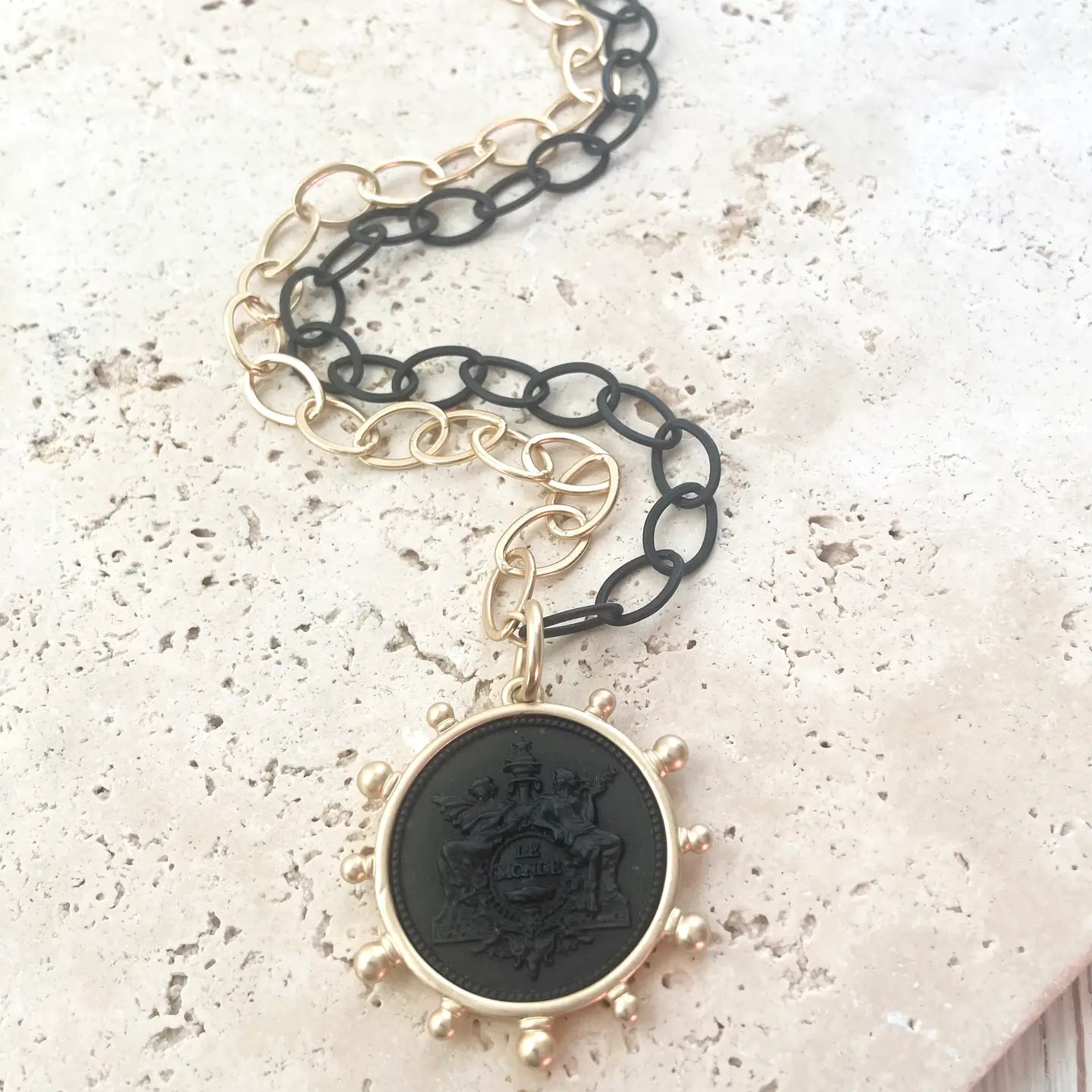 Mixed Metal- Matte Gold & Black Chain Necklace with Matte Black Coin and Gold ball accents.