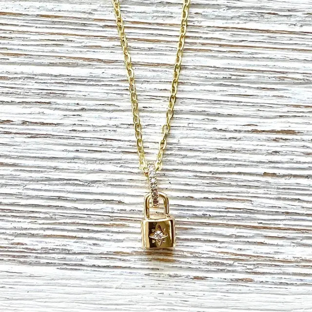 Dainty Gold Lock Necklace With Single Crystal