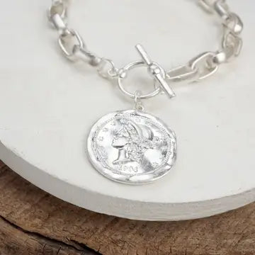 Worn Gold Cable Chain Link Bracelet with Coin Charm