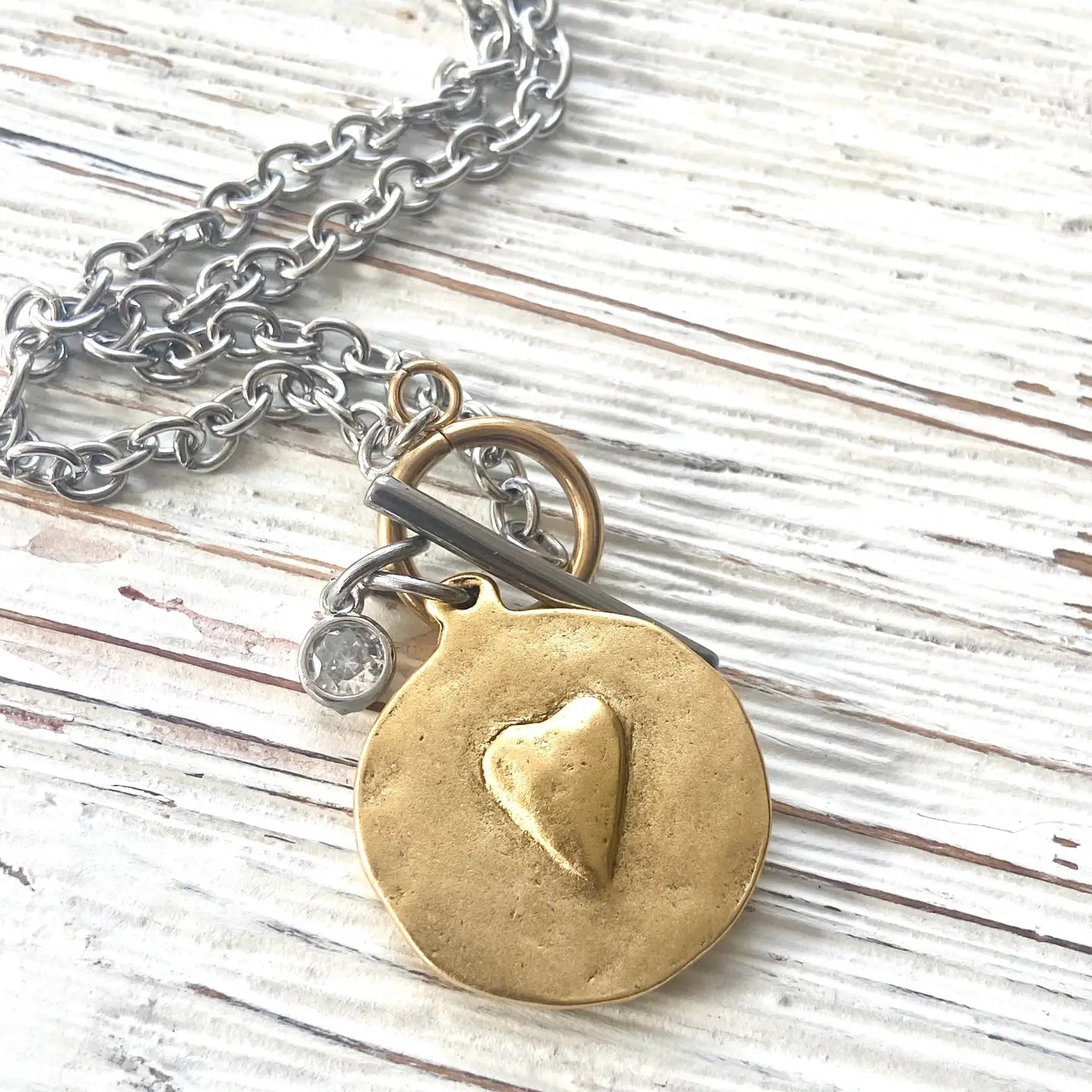 18” Two-Tone Cross/Heart Reversible Pendant on a Toggle Chain