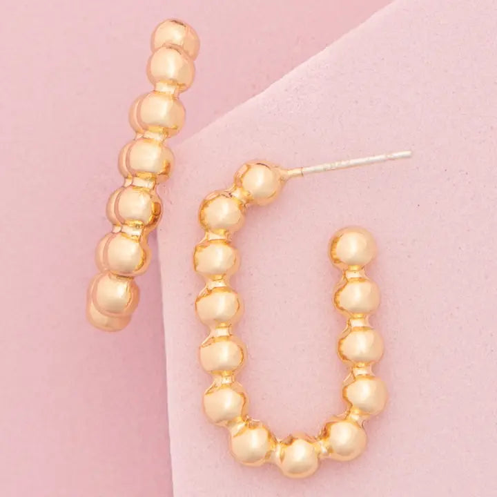 Gold-Beaded Open Hoop Post Earring