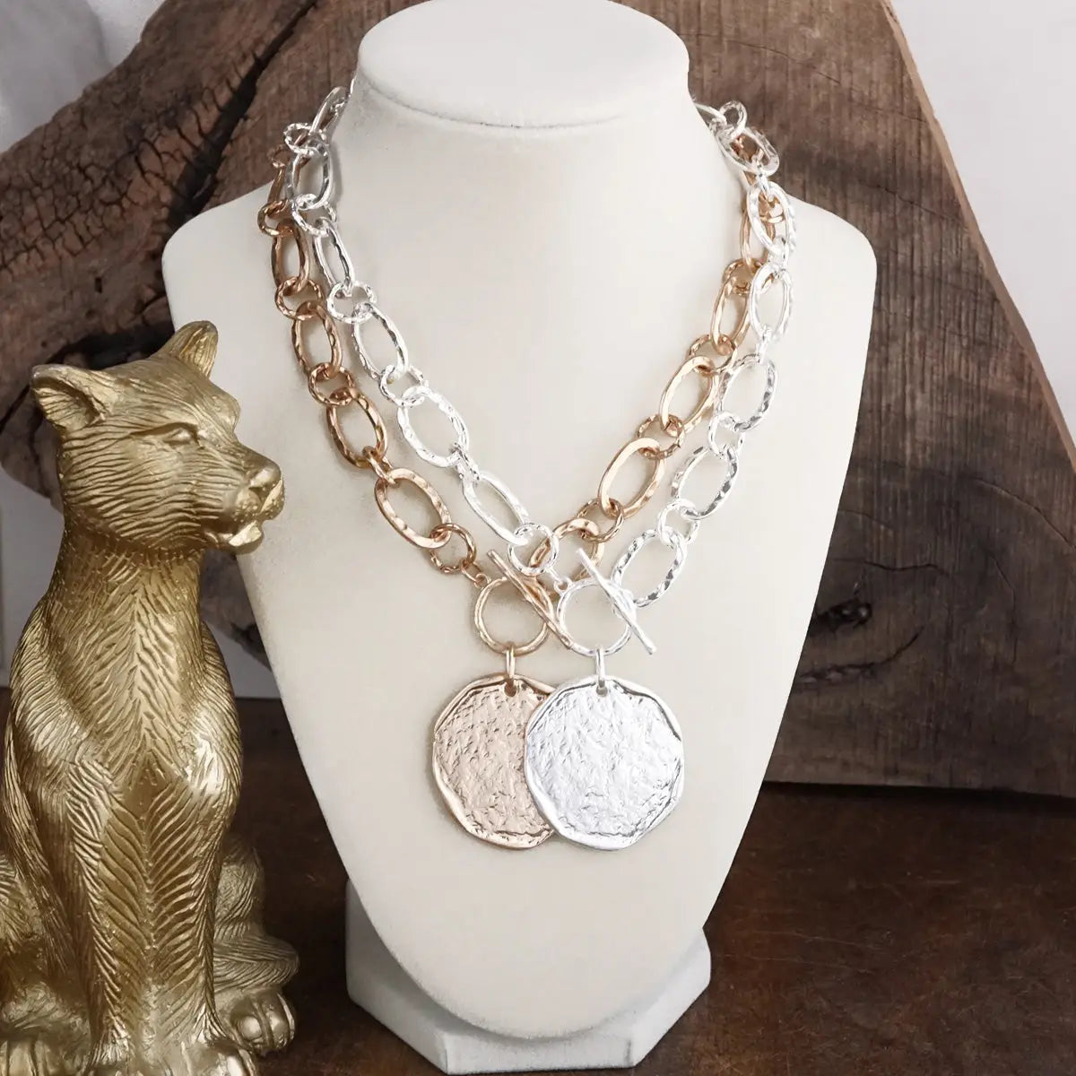 Worn Silver Toggle Statement Necklace with Hammered Disc Pendant