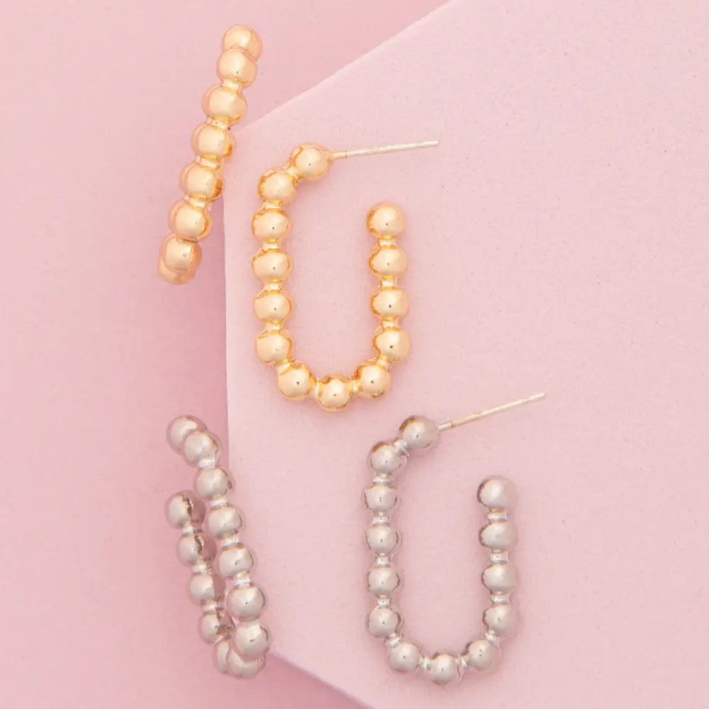 Gold-Beaded Open Hoop Post Earring