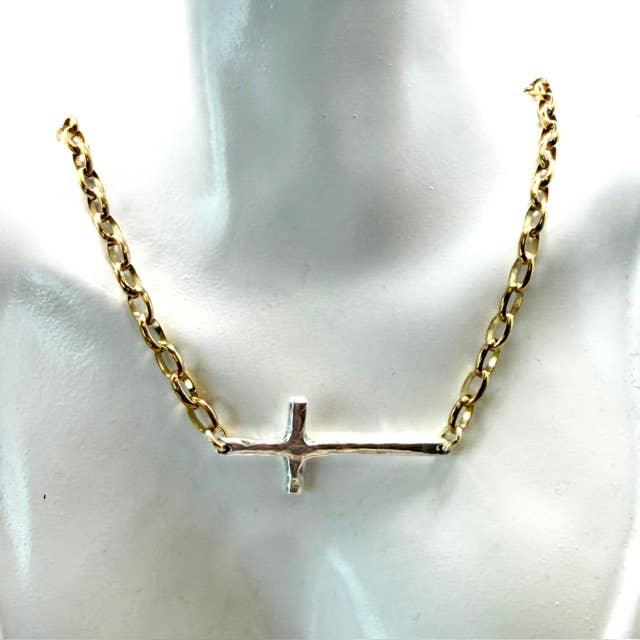 Sideways Cross Religious Mixed Metal Silver with Gold Cross Necklace