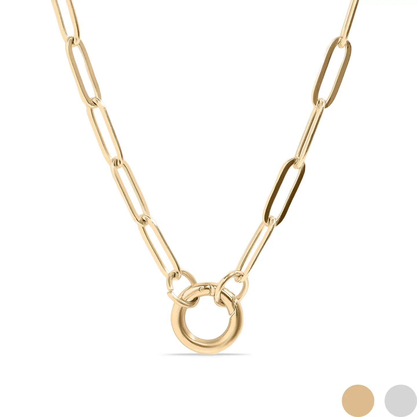 Gold Paperclip Carabiner Charm Holder Necklace with Gold & Pearl Cross Charm