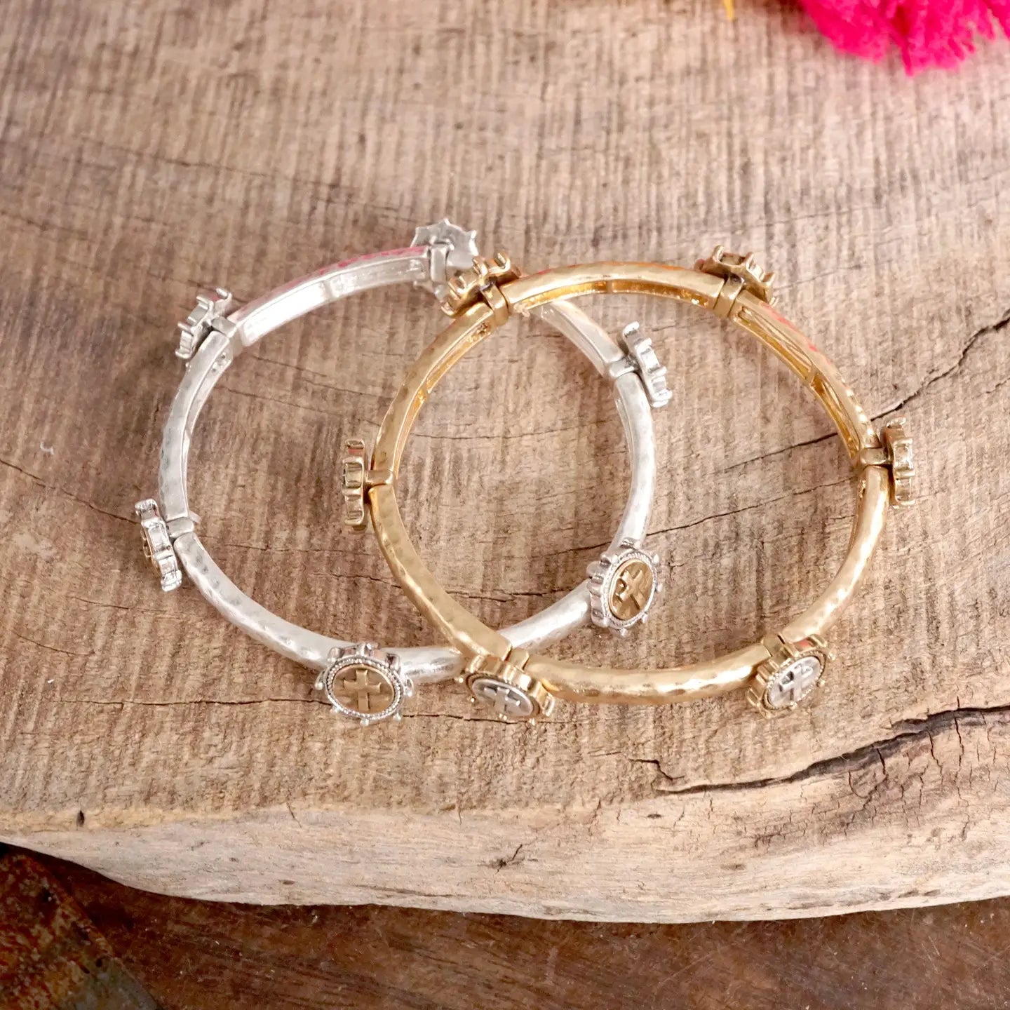 Two-Tone/Mixed Metal Cross Coin Bangle in worn Gold