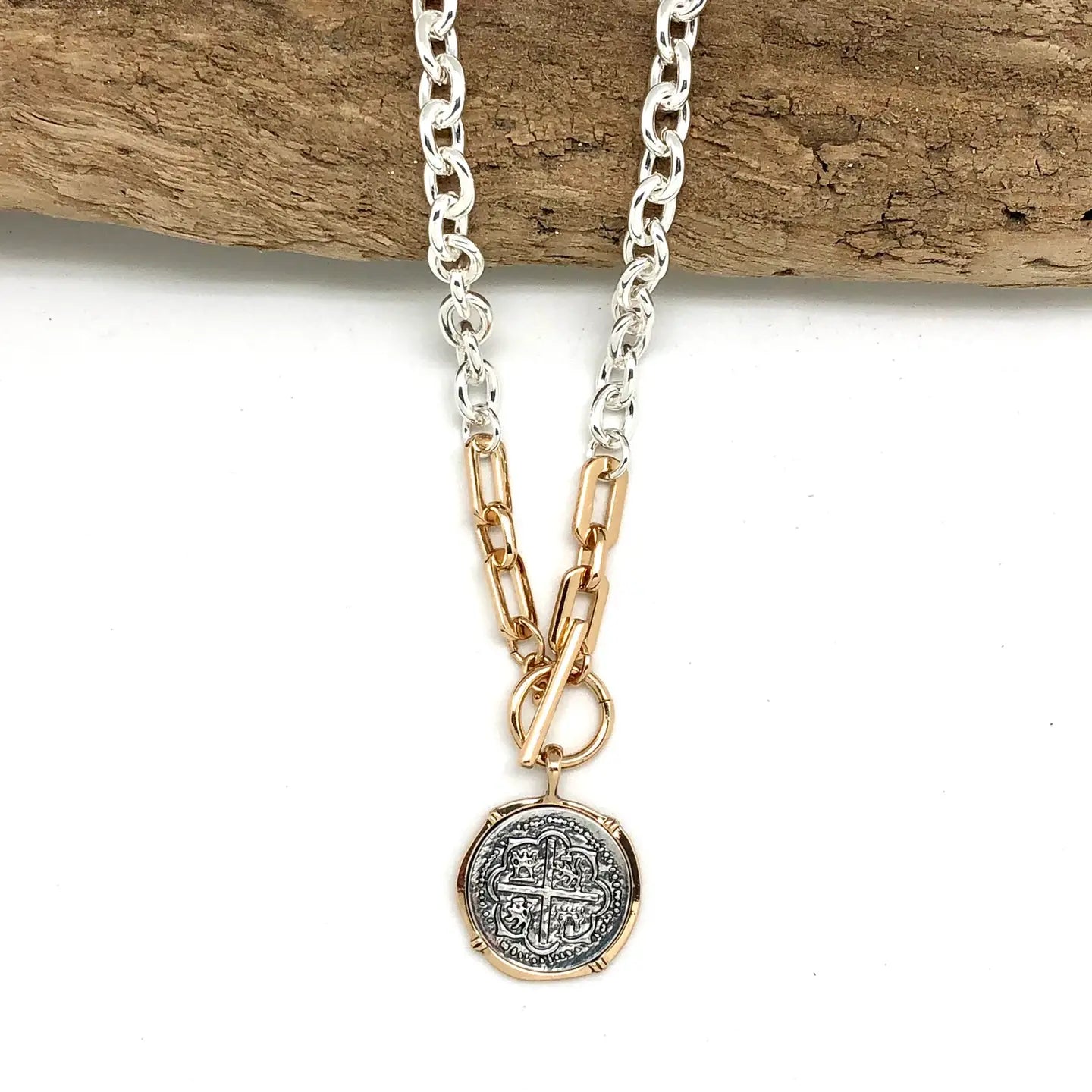 Silver/Two-Tone Chain Link Toggle Necklace with Silver Coin Pendant Edged in Gold.