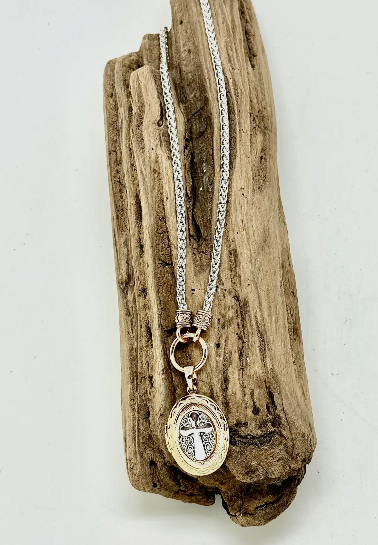 Two-Tone Locket- Silver Chain Necklace With Gold & Silver Cross Locket. 18" with 2”ext.