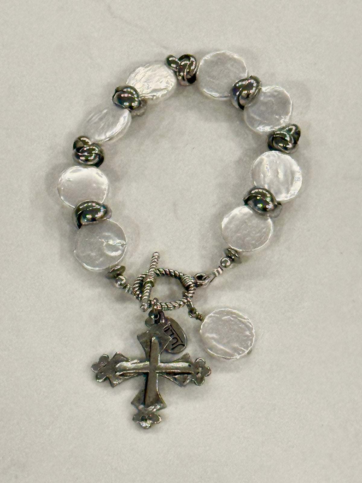 Preorder- Lavish Silver & Pearl Coin Toggle Bracelet with Intricate Cross & Pearl Coin Pendants