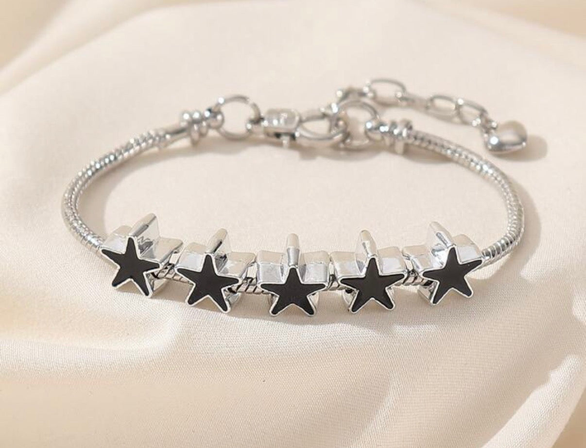 Silver Bracelet with Black & Silver Star Accents