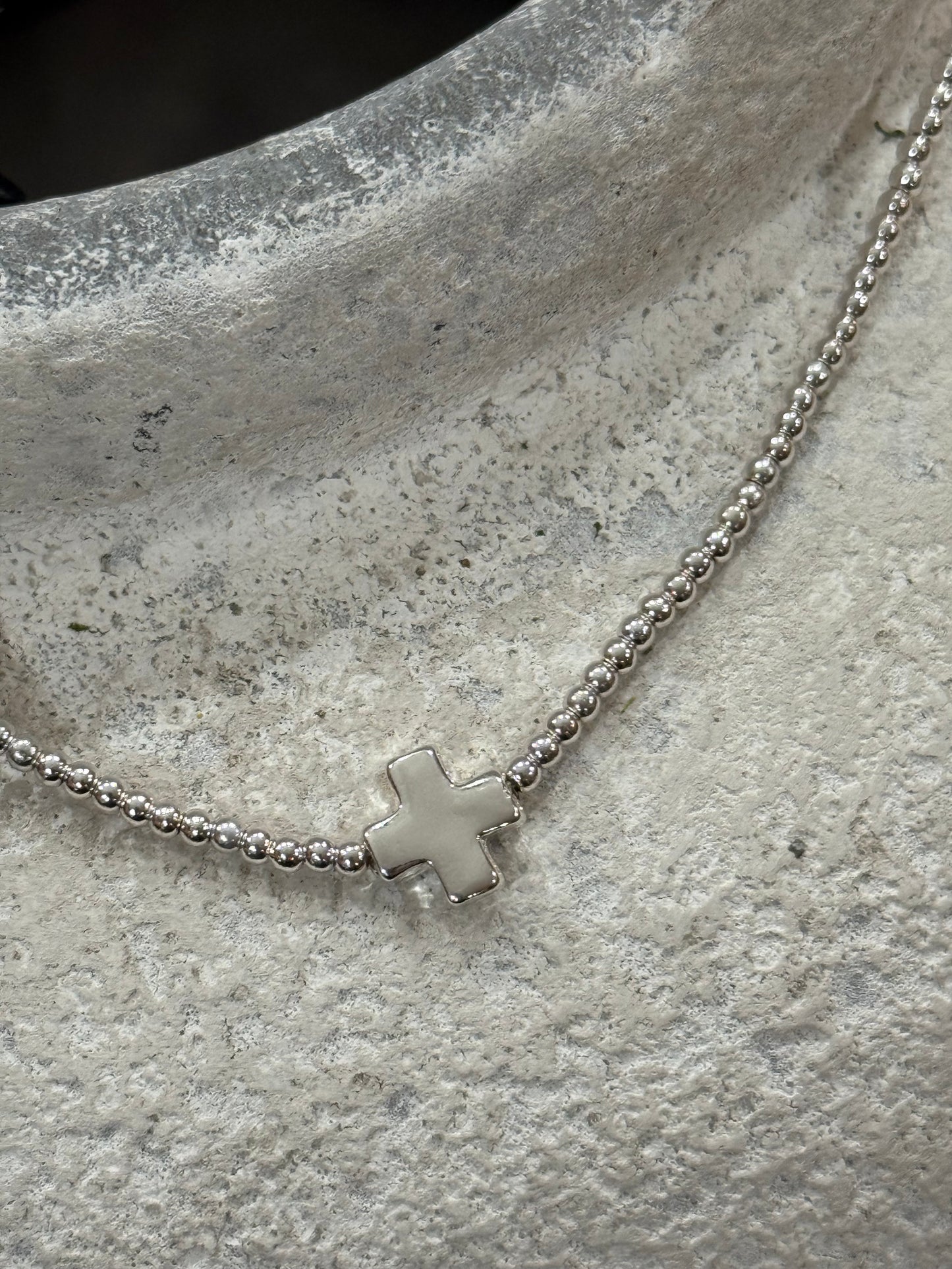 Silver Small Ball Beaded Necklace with Cross Accent