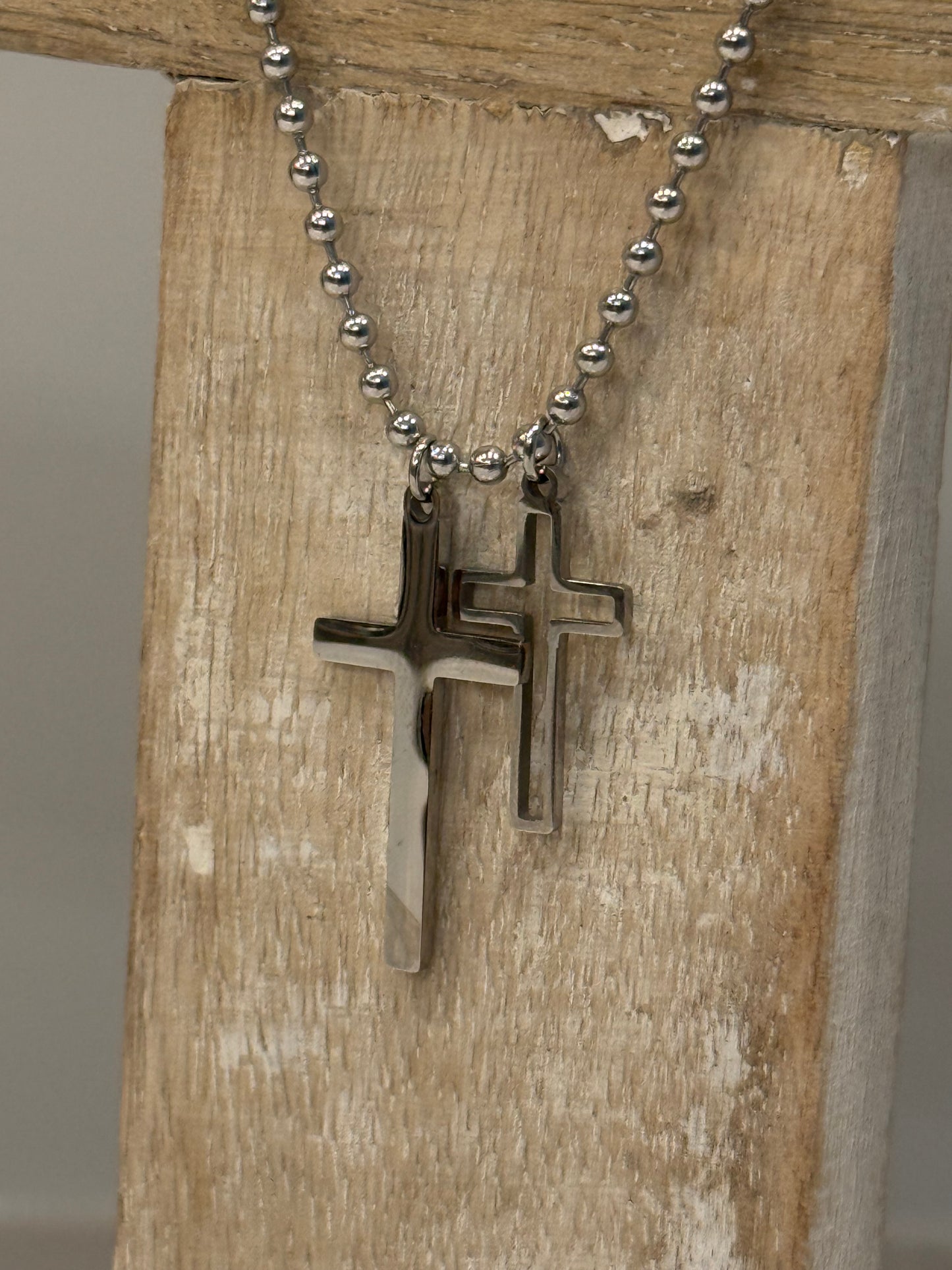 Silver Stainless Steel Double Cross Charms on Silver Ball Beaded Chain