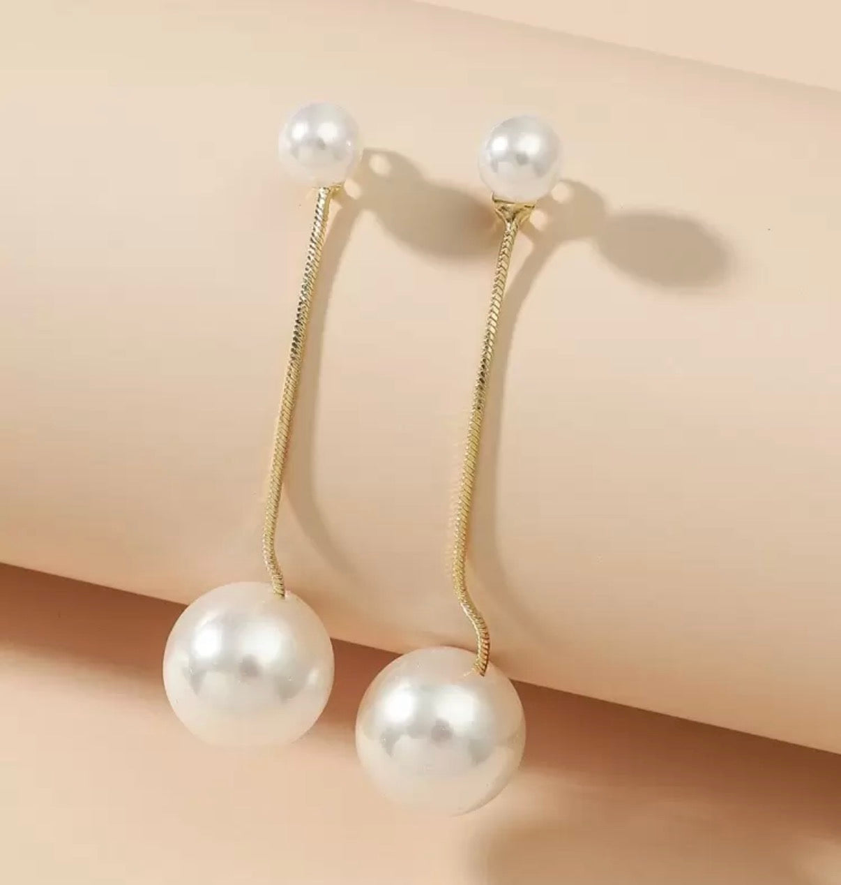 Gold Chain Dangle Earrings with Double Pearl Ball Accents