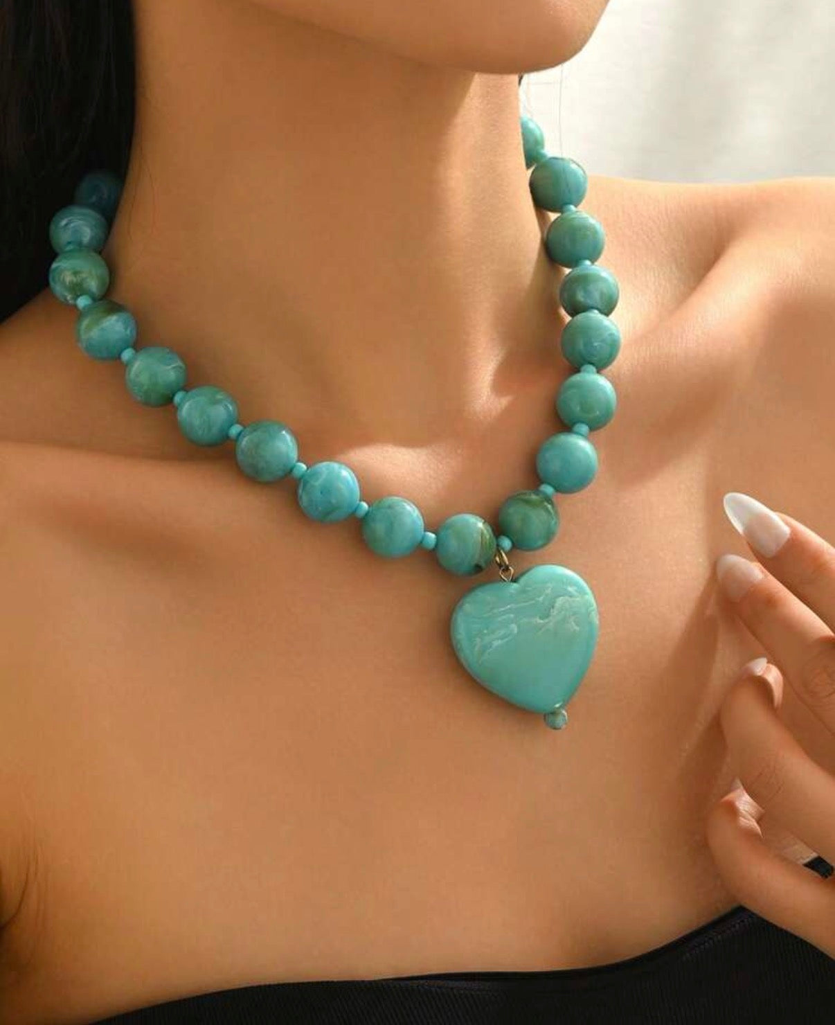 Turquoise & Gold Marbled Beaded Necklace with Puffy Heart Pendant