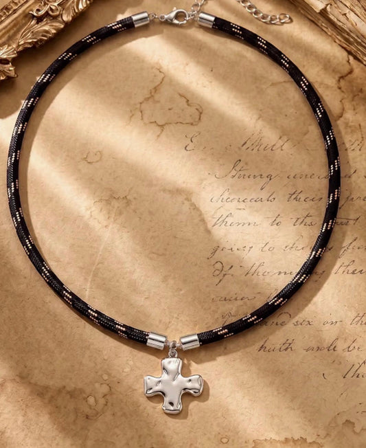 Black Paracord Necklace with Silver Hammered Square Cross Pendant