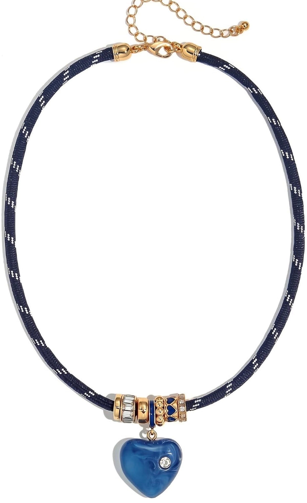 Navy Paracord Rope Choker with Gold & Enamel Charms, Navy Marbled Heart with Tiny Crystal Pendant