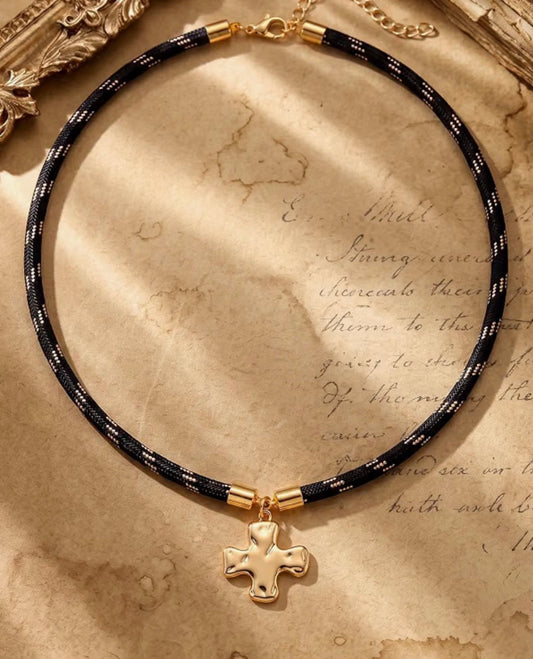 Black Paracord Necklace with Gold  Hammered Square Cross Pendant
