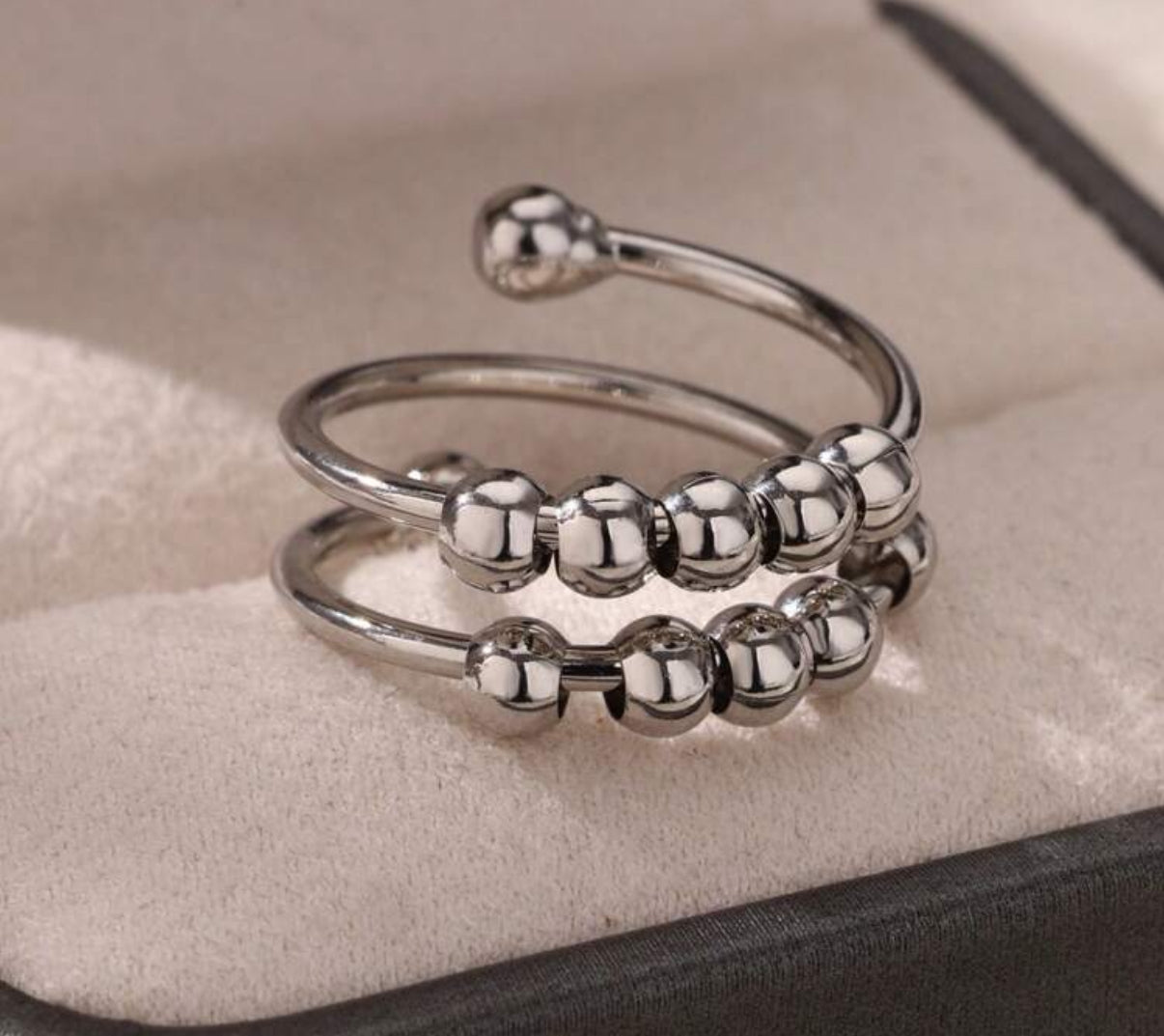 Silver Adjustable Double Ring with Ball Bead Accents