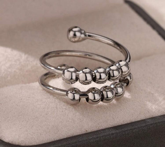Silver Adjustable Double Ring with Ball Bead Accents