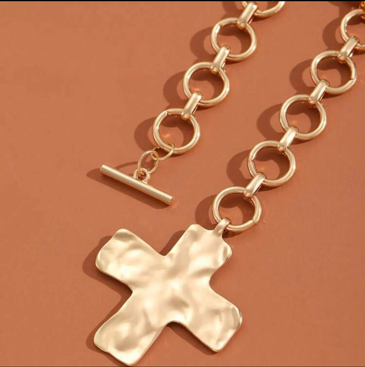 Gold Hammered Cross Pendant Toggle Chain Bracelet