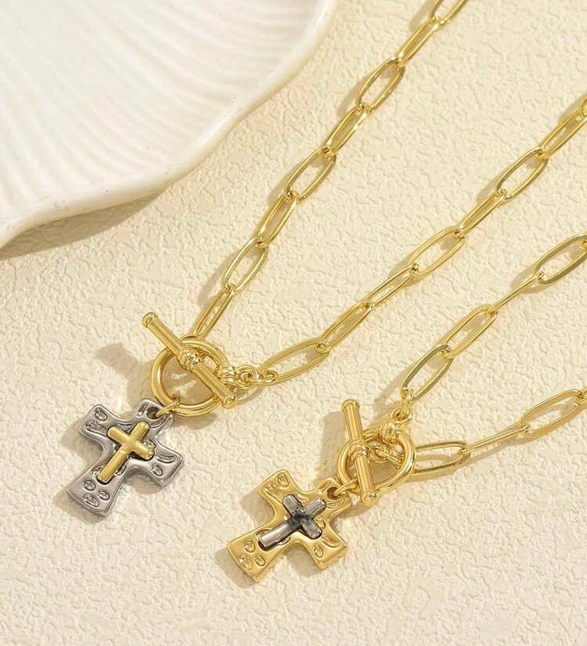 Gold Paperclip Toggle Necklace with Two Tone Cross Pendant
