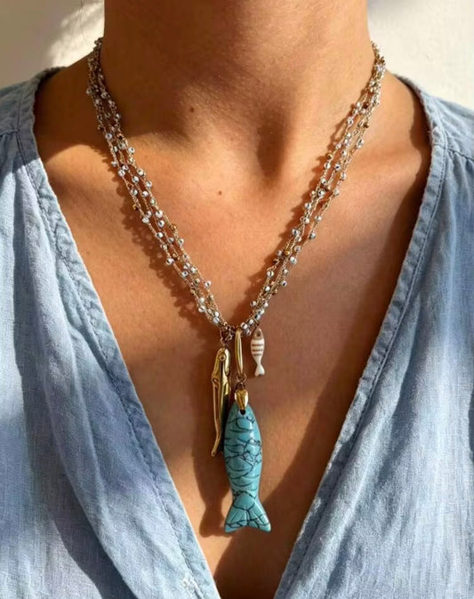 Two Tone, Multi- Layerd Beaded Necklace with 3 Fish Pendants