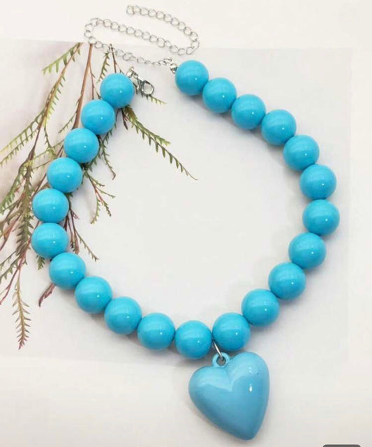 Bright Turquoise Blue Acrylic Beaded Necklace with Puffy Heart Pendant