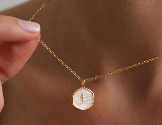 Delicate Gold Chain and Small White Pearl-like & Gold Disk Pendant with Tiny Gold Cross.