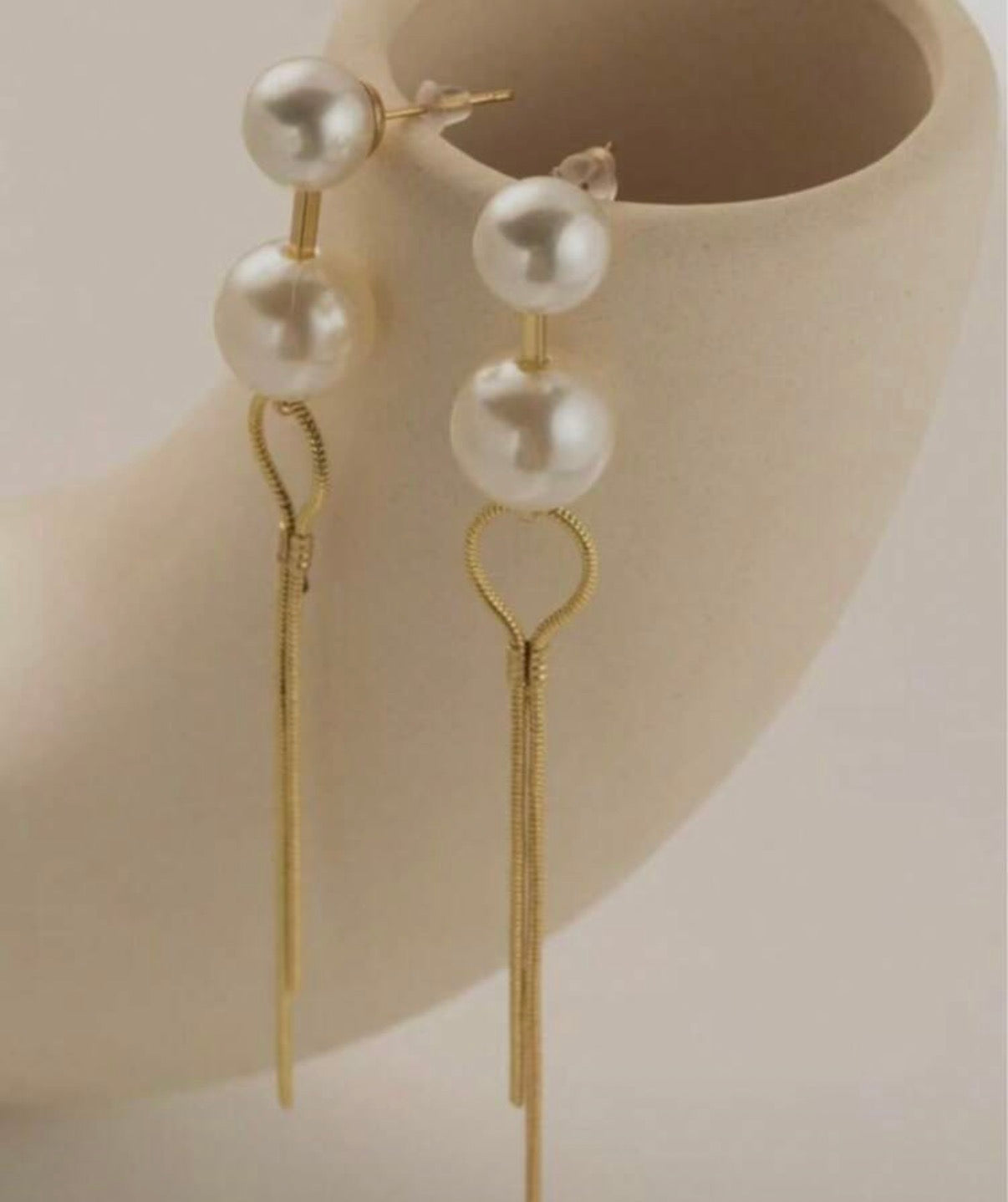 Double Pearl Gold Tassle Dangle Earrings