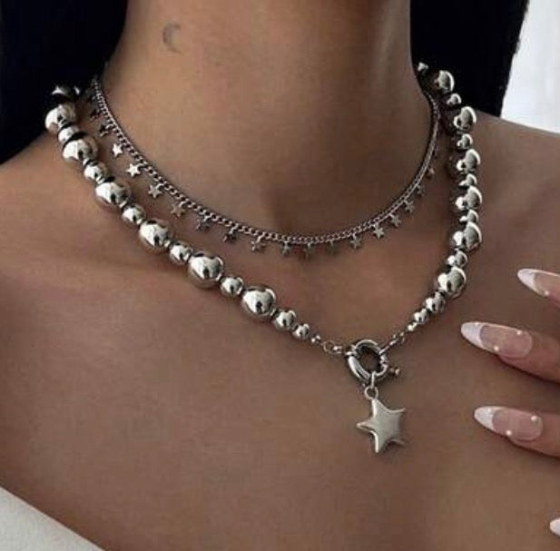 Silver Double Layered- Ball Beaded Chain with toggle/Star & Small Chain with Multiple Star Accent Necklace