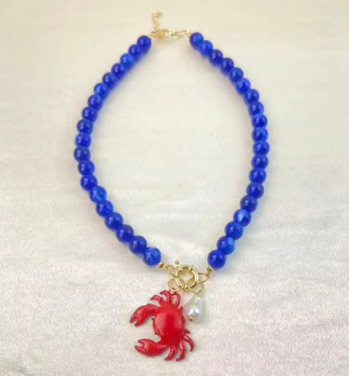 Bright Royal Blue Enamel Beaded Toggle Necklace with Crab Pendant & Pearl Charm