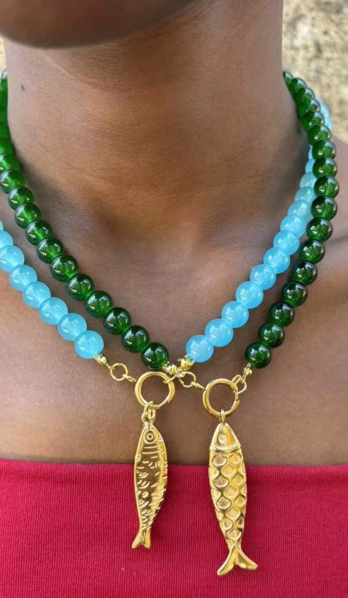 Bright Vibrant Ocean Blue Beaded Toggle Necklace with Gold Fish Pendant