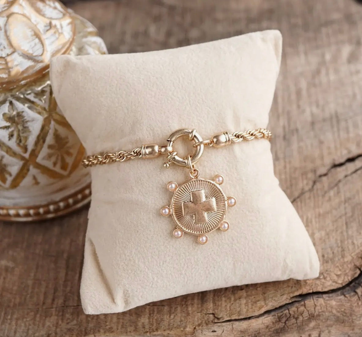 Sunlit Devotion- Gold Chain Bracelet with Gold coin accent pendant.