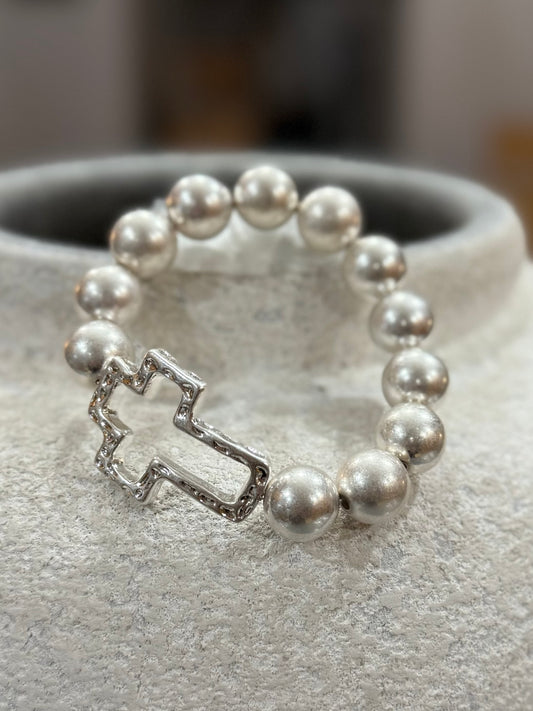 Worn Silver Beaded Stretch Bracelet with Open Cross Detail
