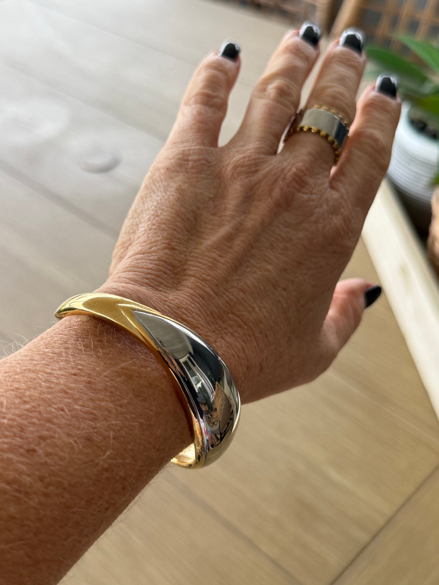 Two-Tone Shiny Rounded Cuff Bangle Bracelet