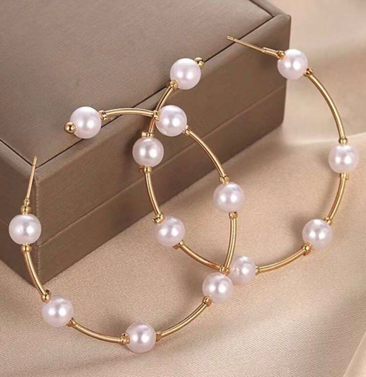 Large Gold Hoop Earrings with Pearl Ball Accents