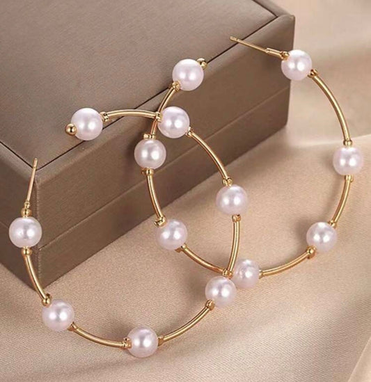 Large Gold Hoop Earrings with Pearl Ball Accents