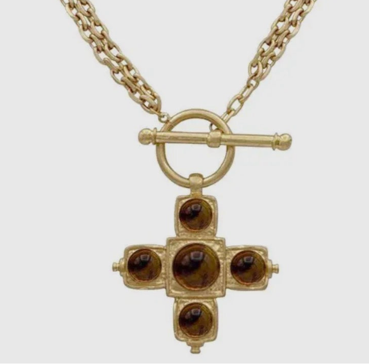 Gold Double Chain Toggle Necklace with Brown Cross Beaded Pendant