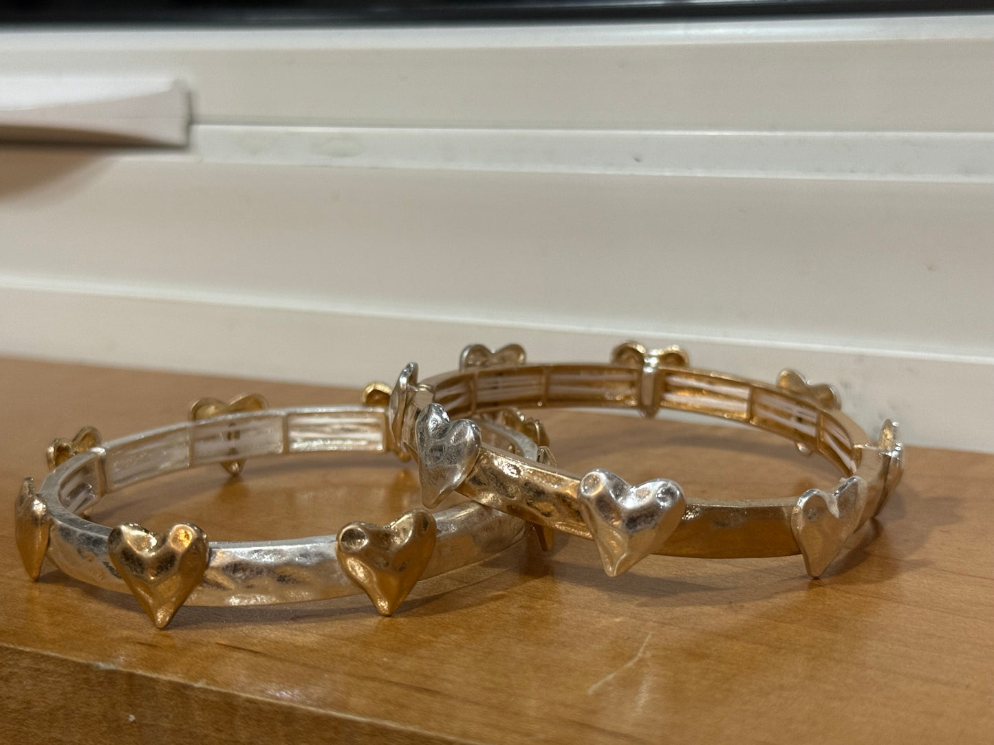 Two-Tone Silver Stretch Bangle Bracelet with Hammered Gold Heart Details