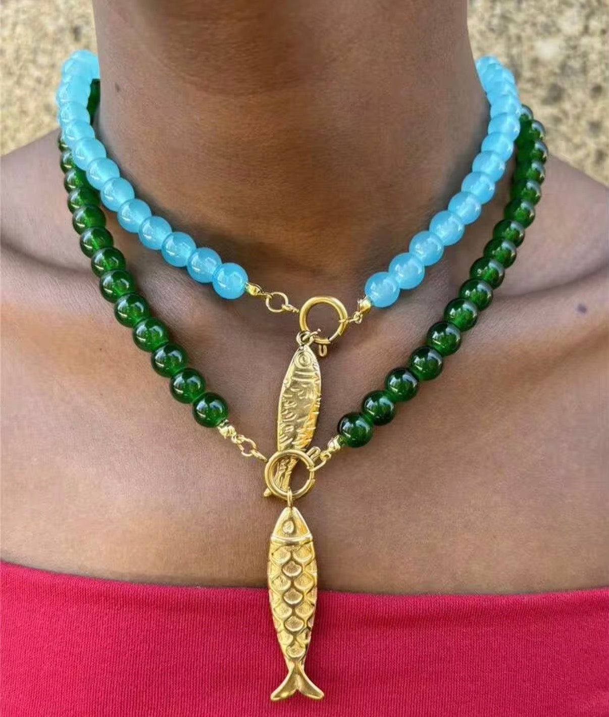 Green Glass Beaded Carabiner Necklace with Stainless Steel Gold Fish Pendant