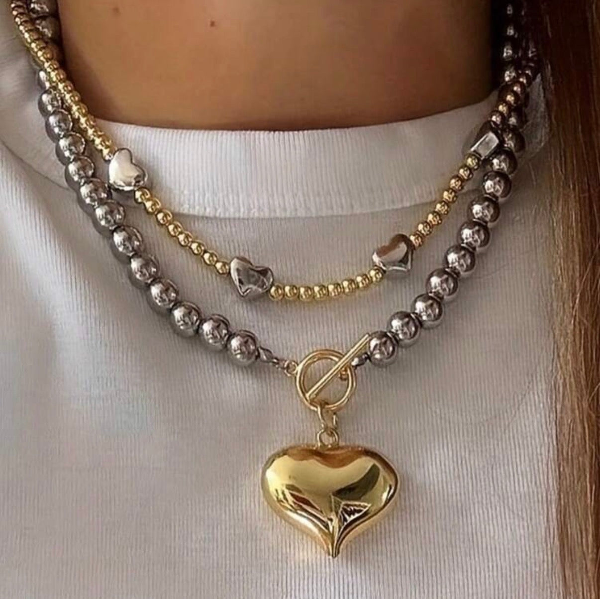 Delicate Two-Tone Gold Beaded Necklace with Silver Heart Accents