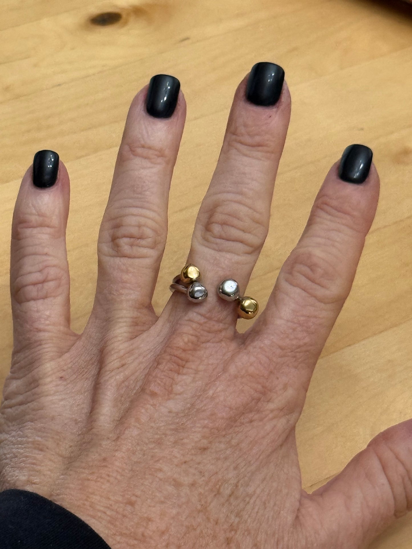 Two-Tone Silver Ring with Gold & Silver Ball Accents- Adjustable