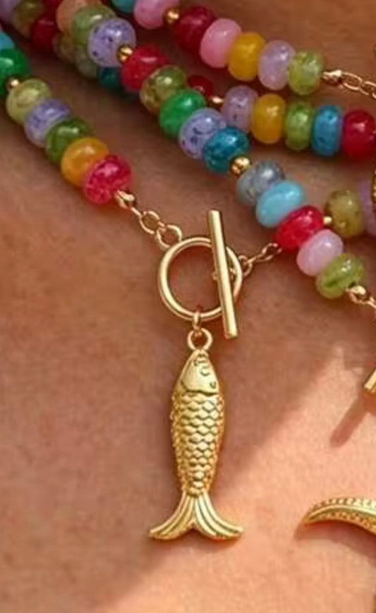Brightly Colored Dopamine Beaded Toggle Necklace with Gold Fish Pendant