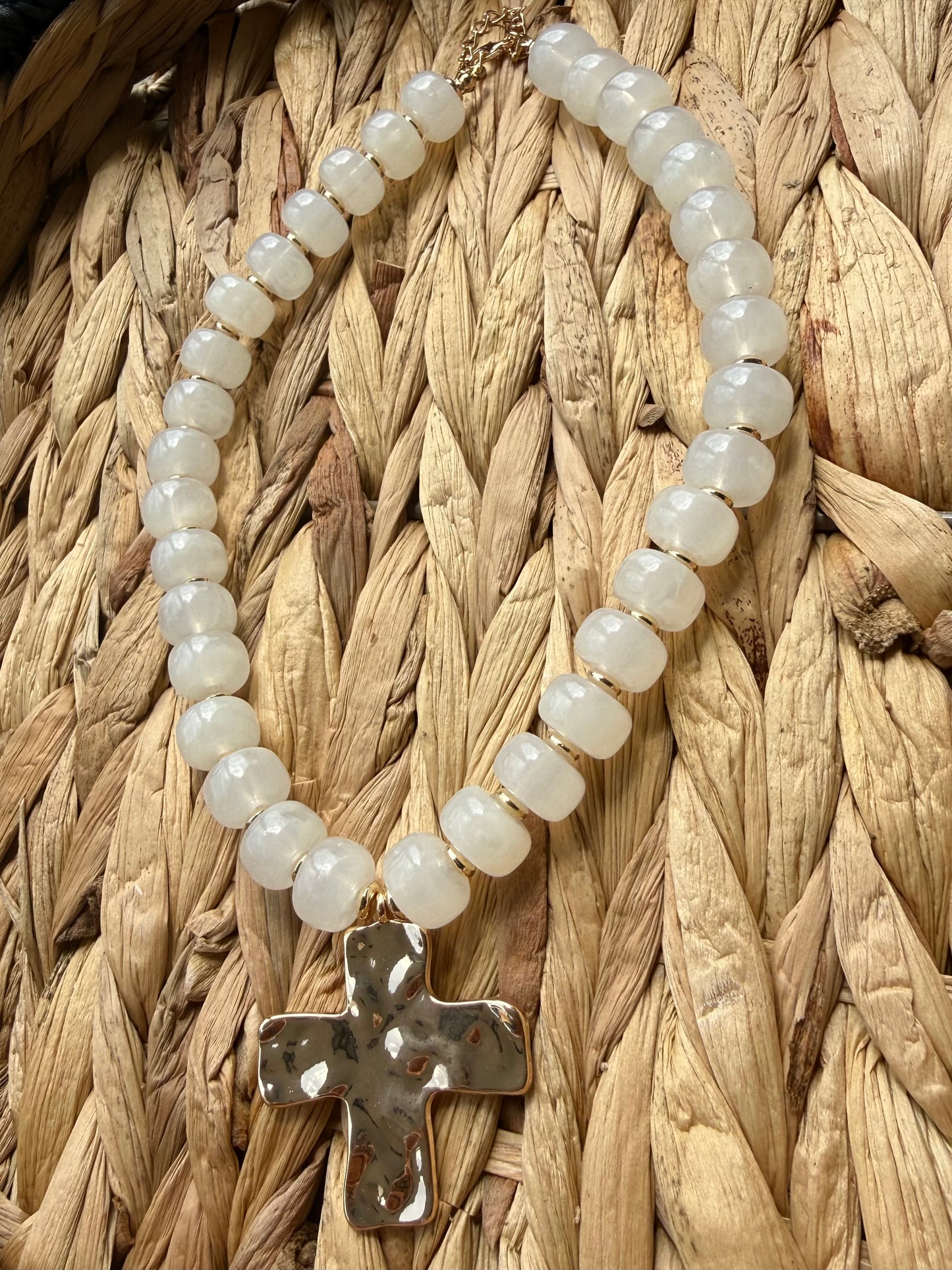 White/Cream Resin Beaded Necklace with Gold Hammered Cross Pendant