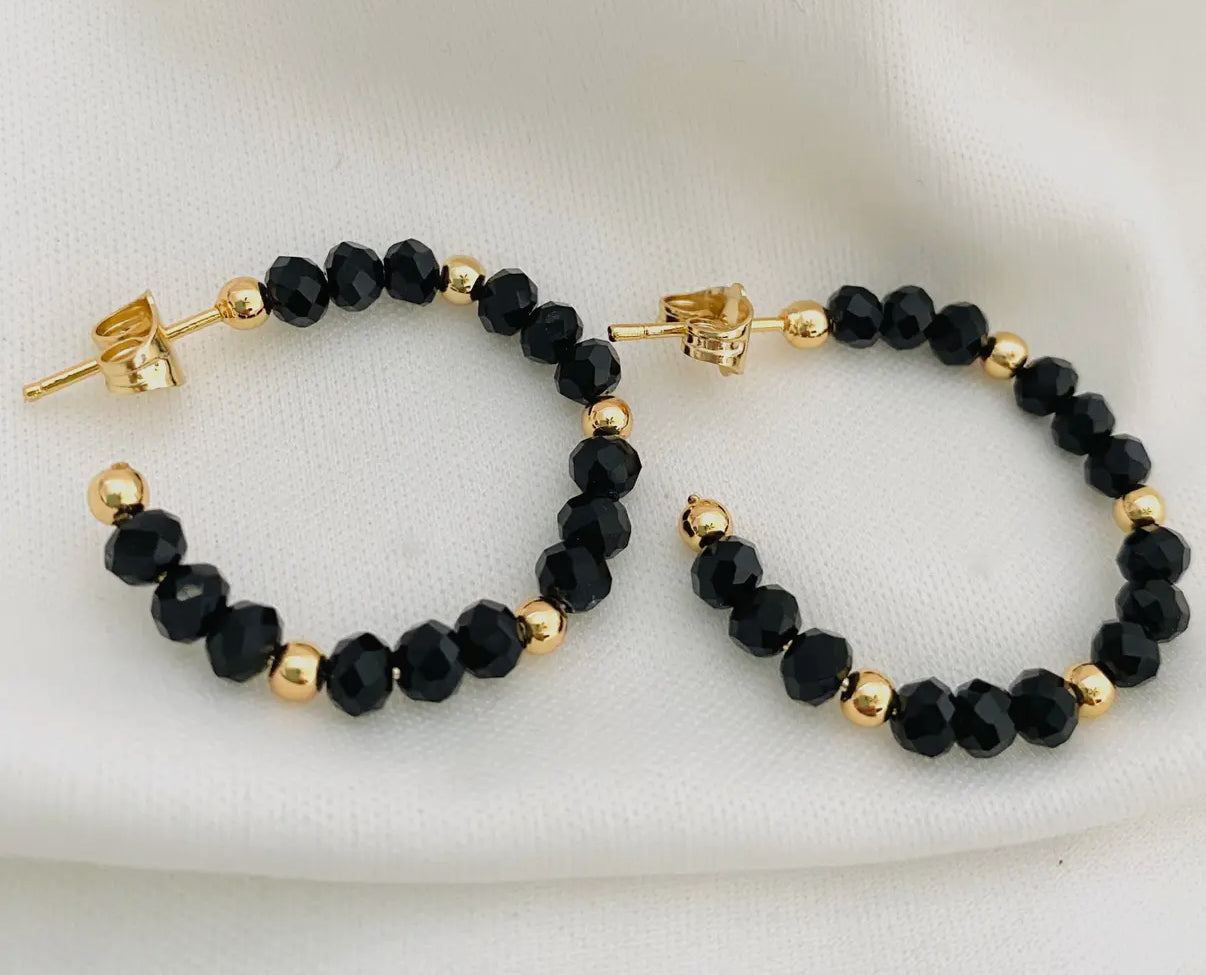 Black & Gold Beaded Hoop Earrings