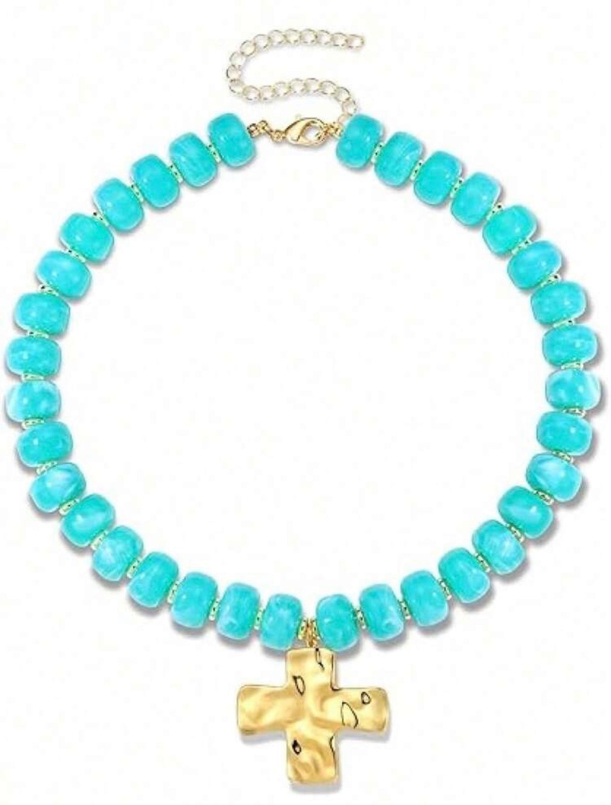 Bright Aqua Beaded Necklace with Gold Hammered Cross Pendant