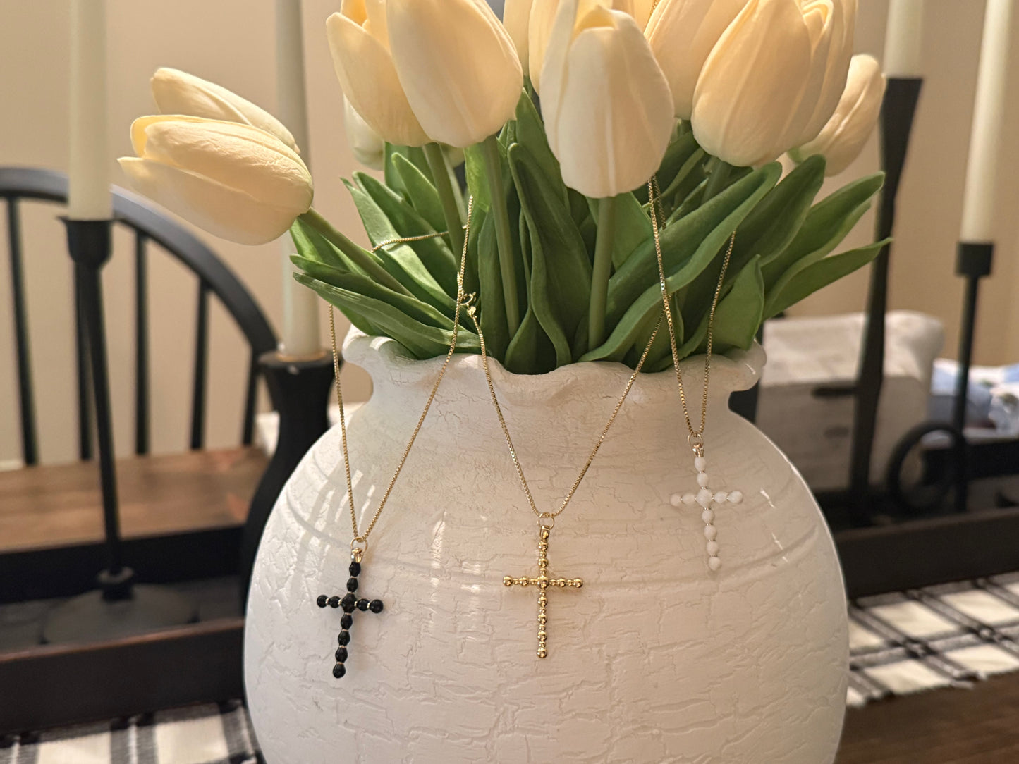 Black Ball Bead Cross Pendant on Gold Box Chain Necklace