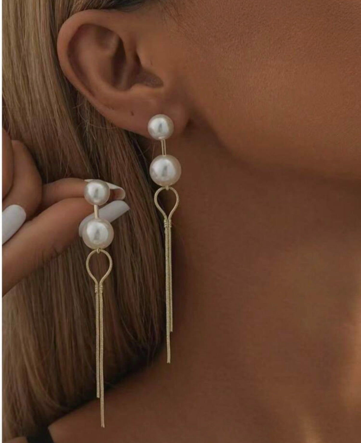 Double Pearl Gold Tassle Dangle Earrings